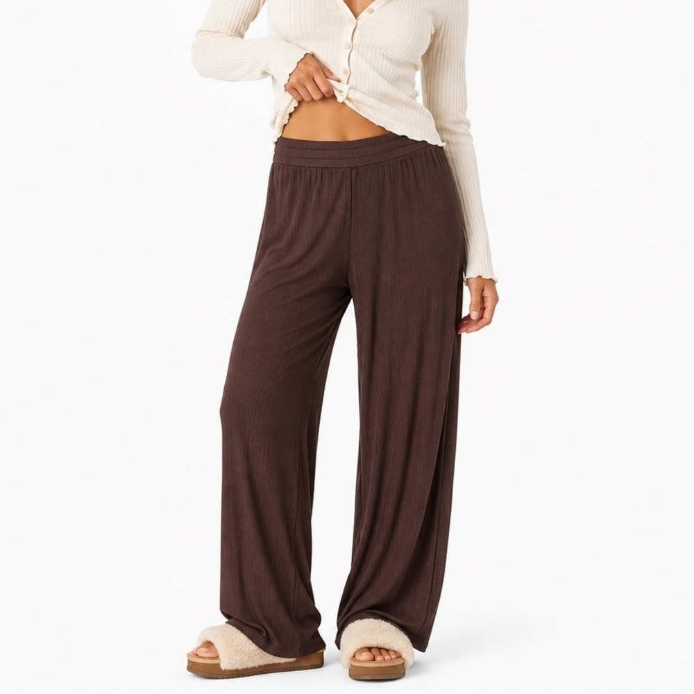 Freckled Poppy Ribbed Solid Wide Leg Pants Brown Boho High Waist Size M